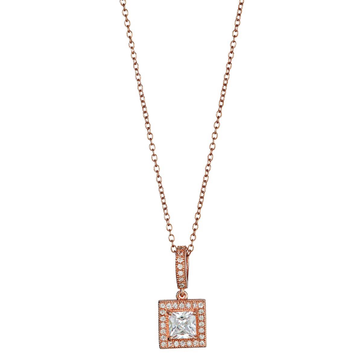 Sterling Silver Rose Pave Square Halo 18" Necklace