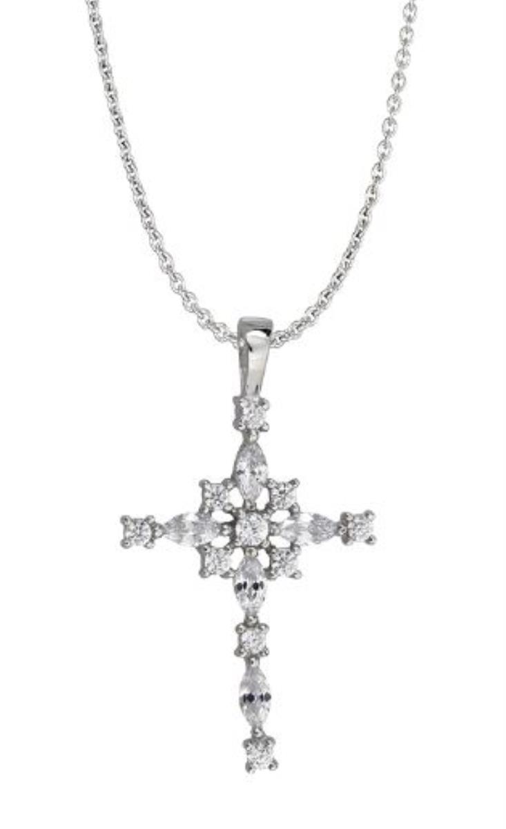 Sterling Silver Rhodium Pave Cross 18"  Necklace 