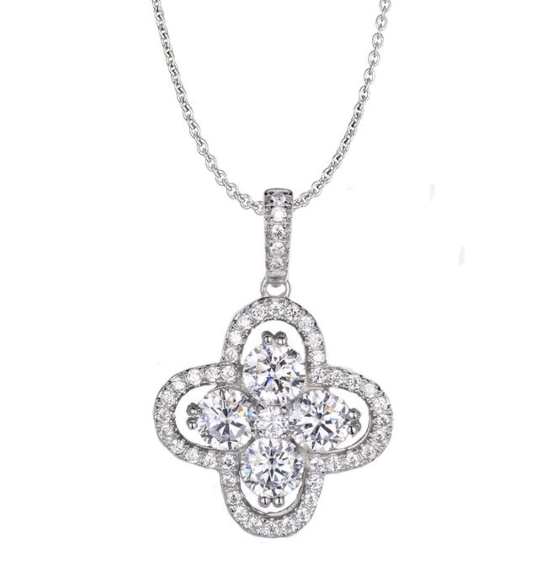Sterling Silver Rhodium Pave Four Leaf Clover 18" Necklace