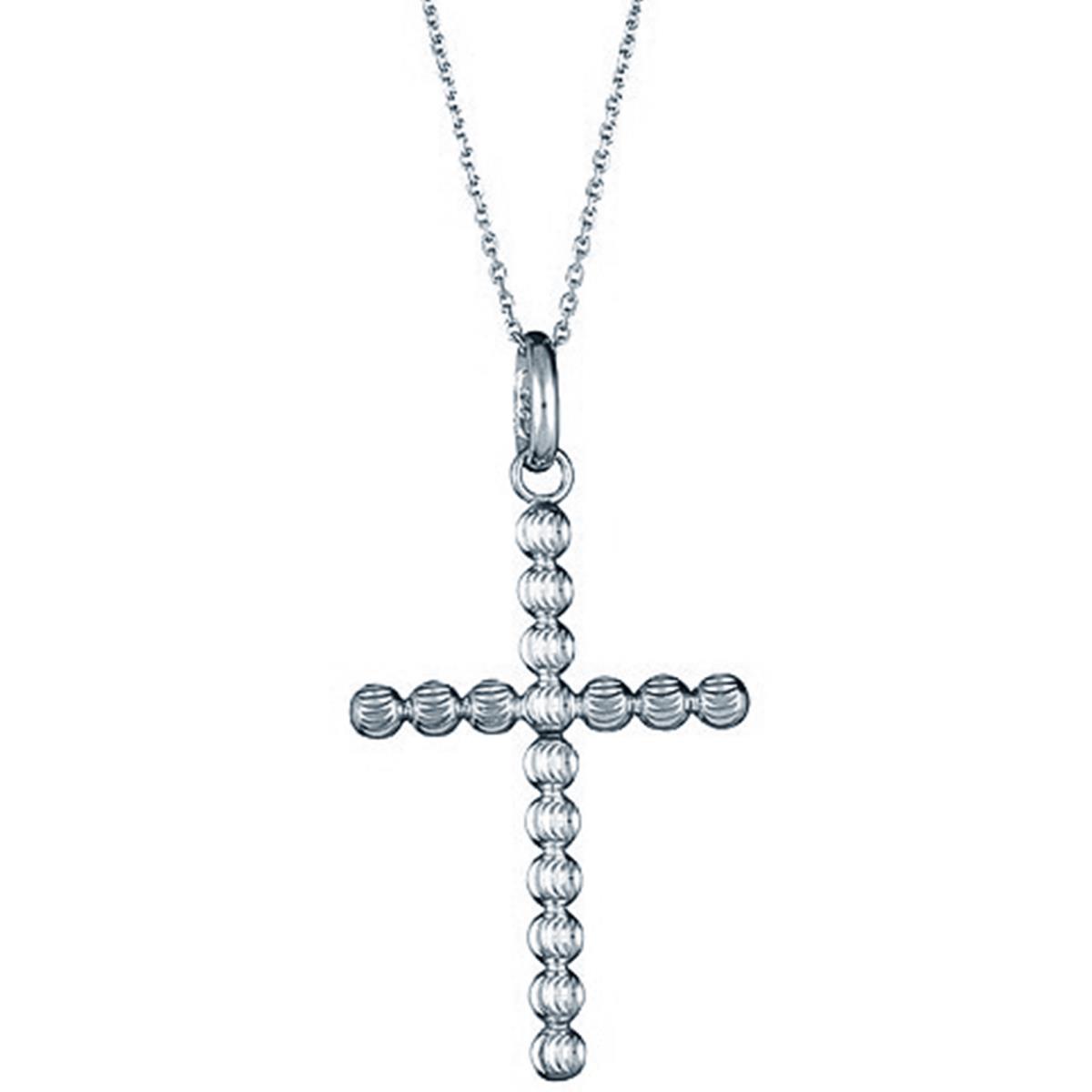 Sterling Silver Rhodium Diamond Cut Beaded Cross Pendant