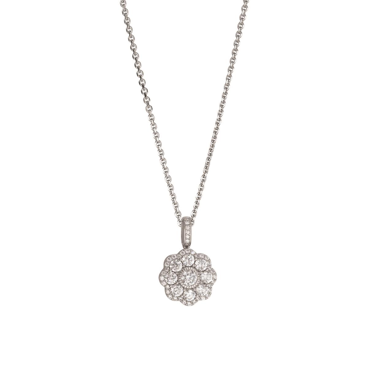 Sterling Silver Rhodium Round Floral Pave Cluster 18" Necklace with 2" Extension