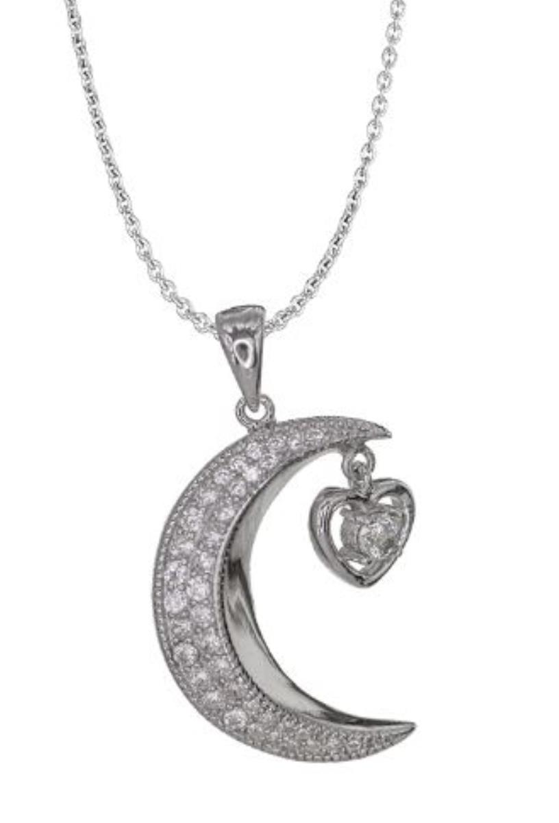 Sterling Silver Rhodium Pave Moon and Star 18" Necklace