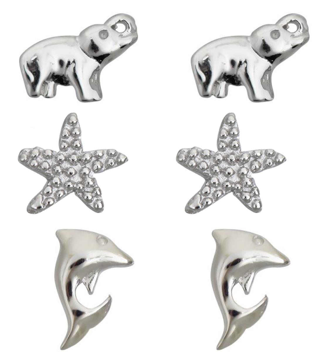 Sterling Silver Rhodium Polished Elephant,Starfish and Dolphin Stud Set