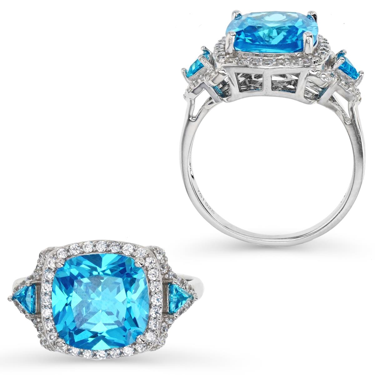Sterling Silver Rhodium & Swiss Blue Topaz and White CZ Halo Ring