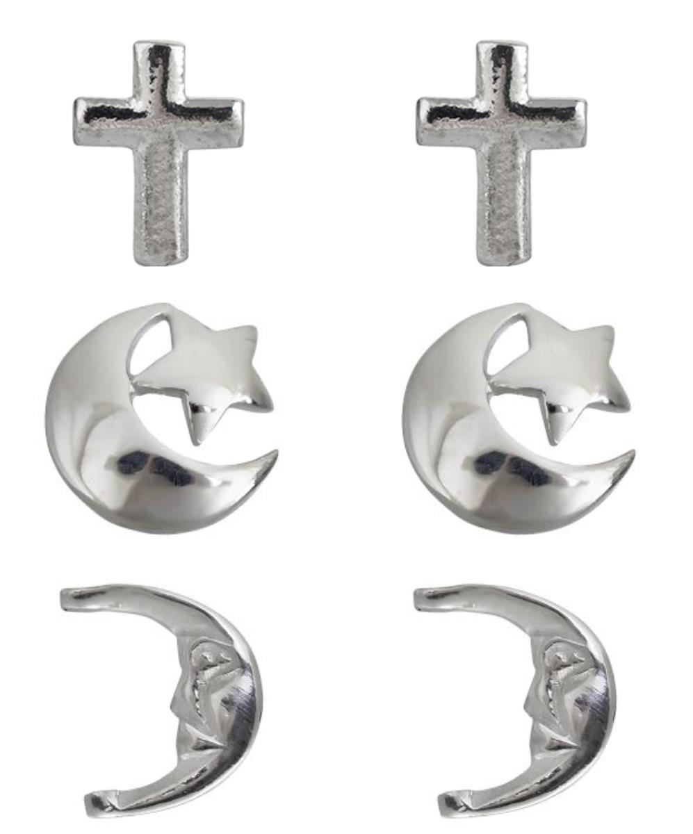 Sterling Silver Rhodium Polished Cross, Moon and Moon&Star Stud Set