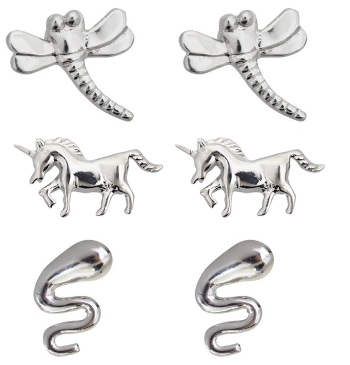Sterling Silver Rhodium Polished Dragonfly, Horse Unicorn and Snake Stud Set