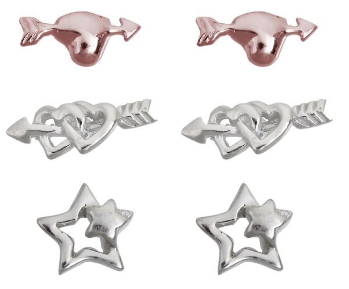 Sterling Silver Rose & White Polished Cupid's Arrow and Star Stud Set 