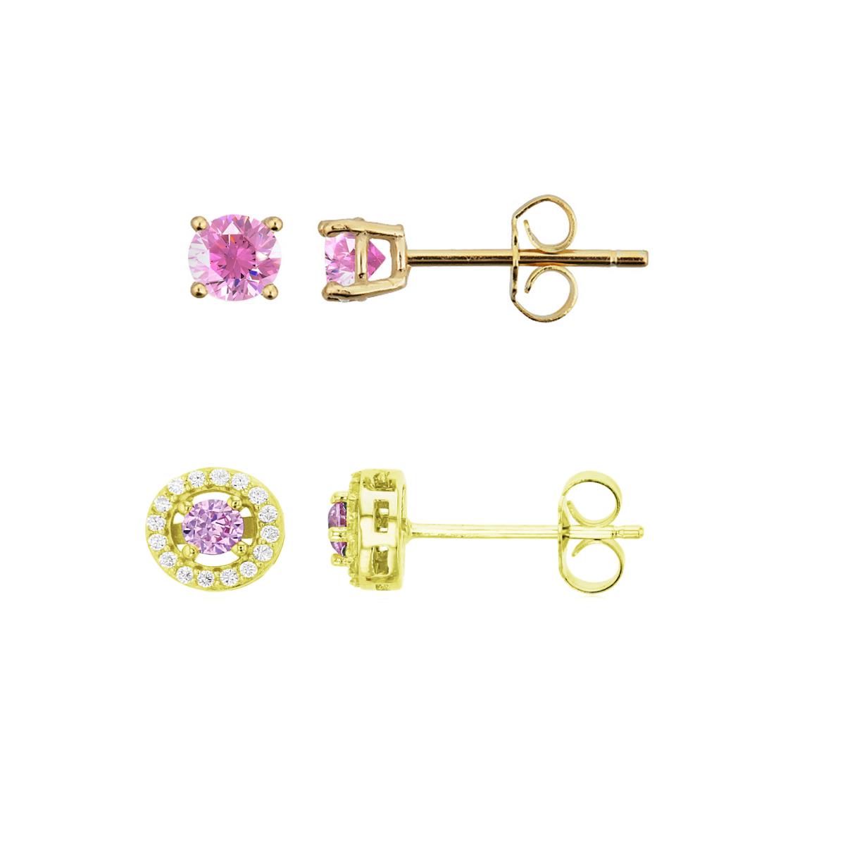 Sterling Silver Yellow  Round 3mm Pink CZ Halo & 4.00mm AAA Pink Round Solitaire Stud Earring Set