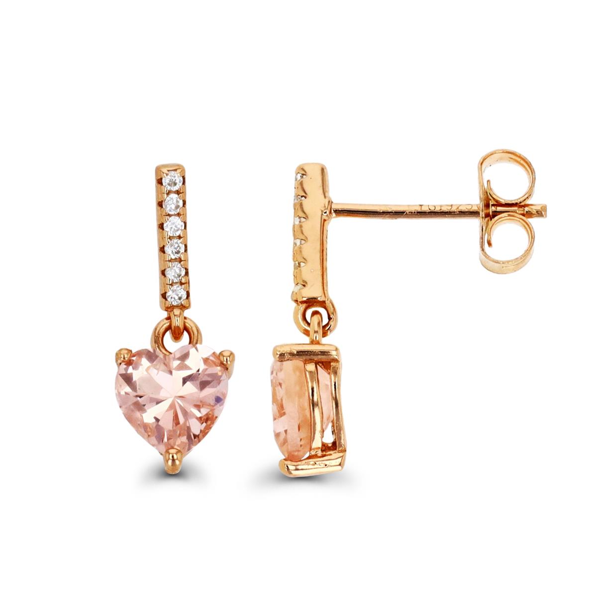 Sterling Silver Rose 1M & HS Morganite and RD White CZ Bar and Heart Dangling Earring
