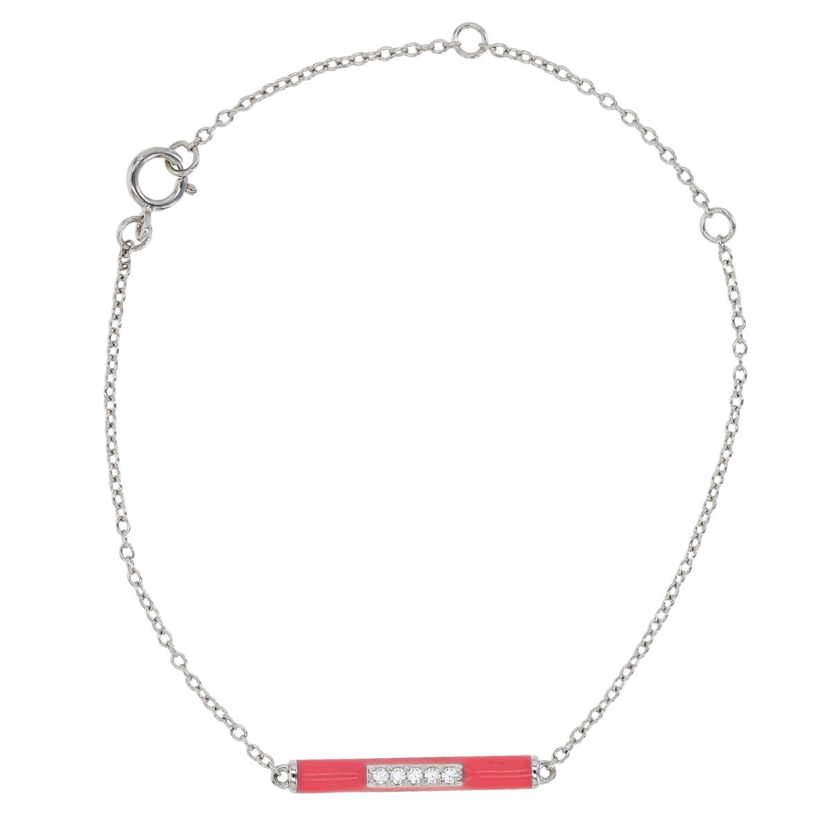 Sterling Silver Rhodium & White CZ and Pink Enamel Horizontal Bar 5+2" Bracelet