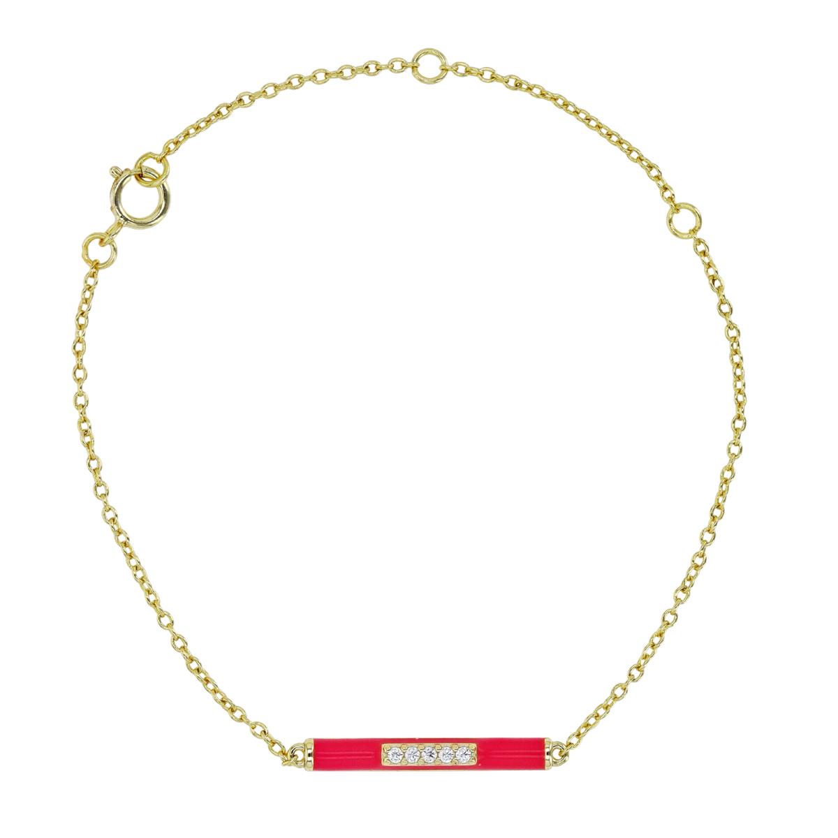 Sterling Silver Yellow & White CZ and Pink Enamel Horizontal Bar 5+2" Bracelet