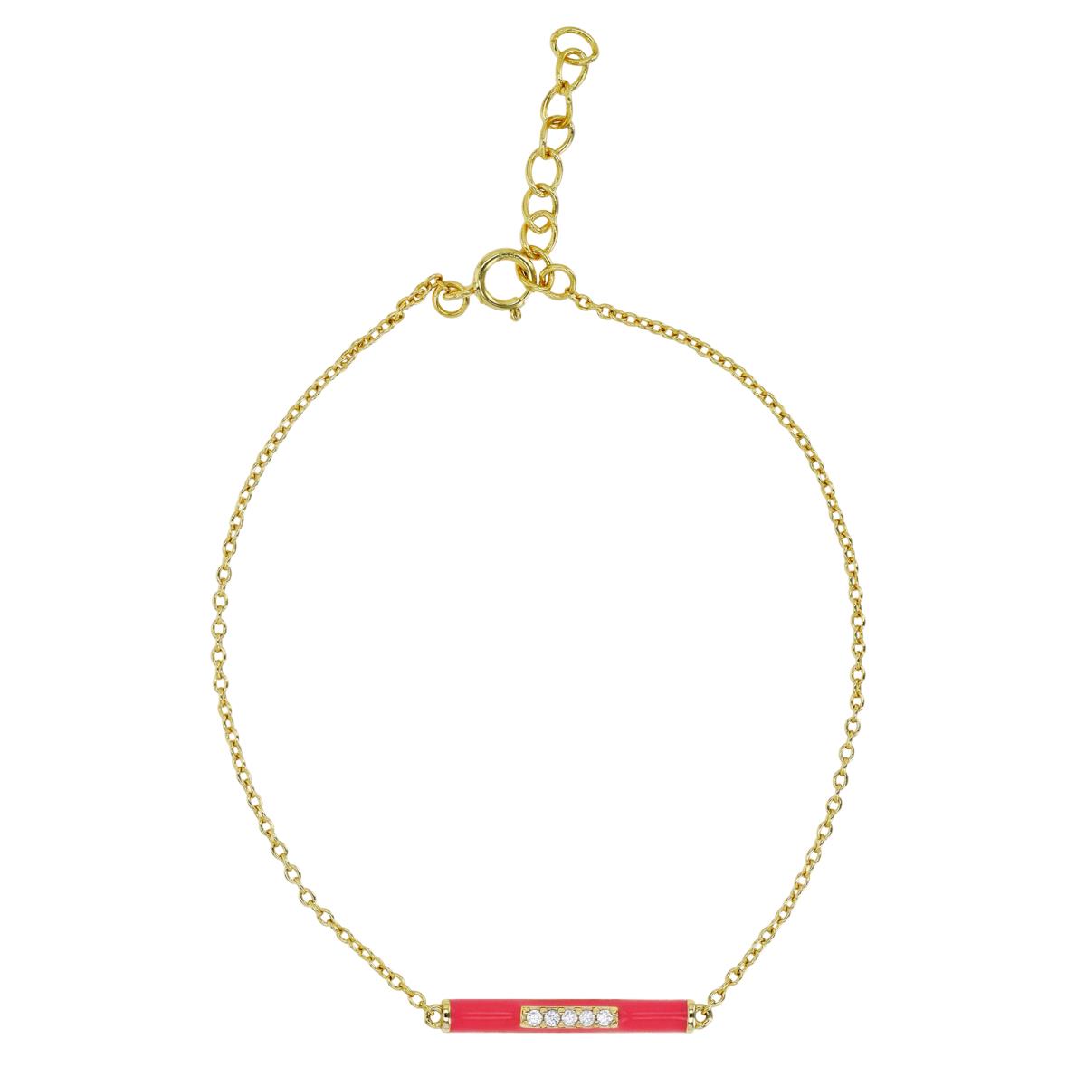 Sterling Silver Yellow 1M & White CZ and Pink Enamel Horizontal Bar 7+1" Bracelet