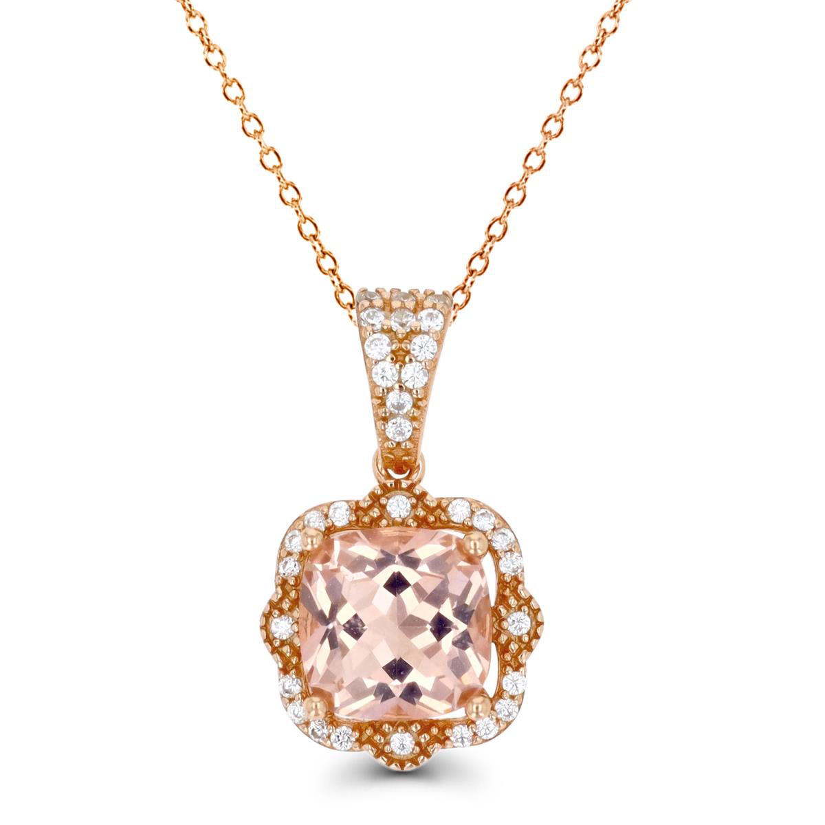 Sterling Silver Rose 1M & Cushion Cut Morganite and White CZ Halo 18" Necklace
