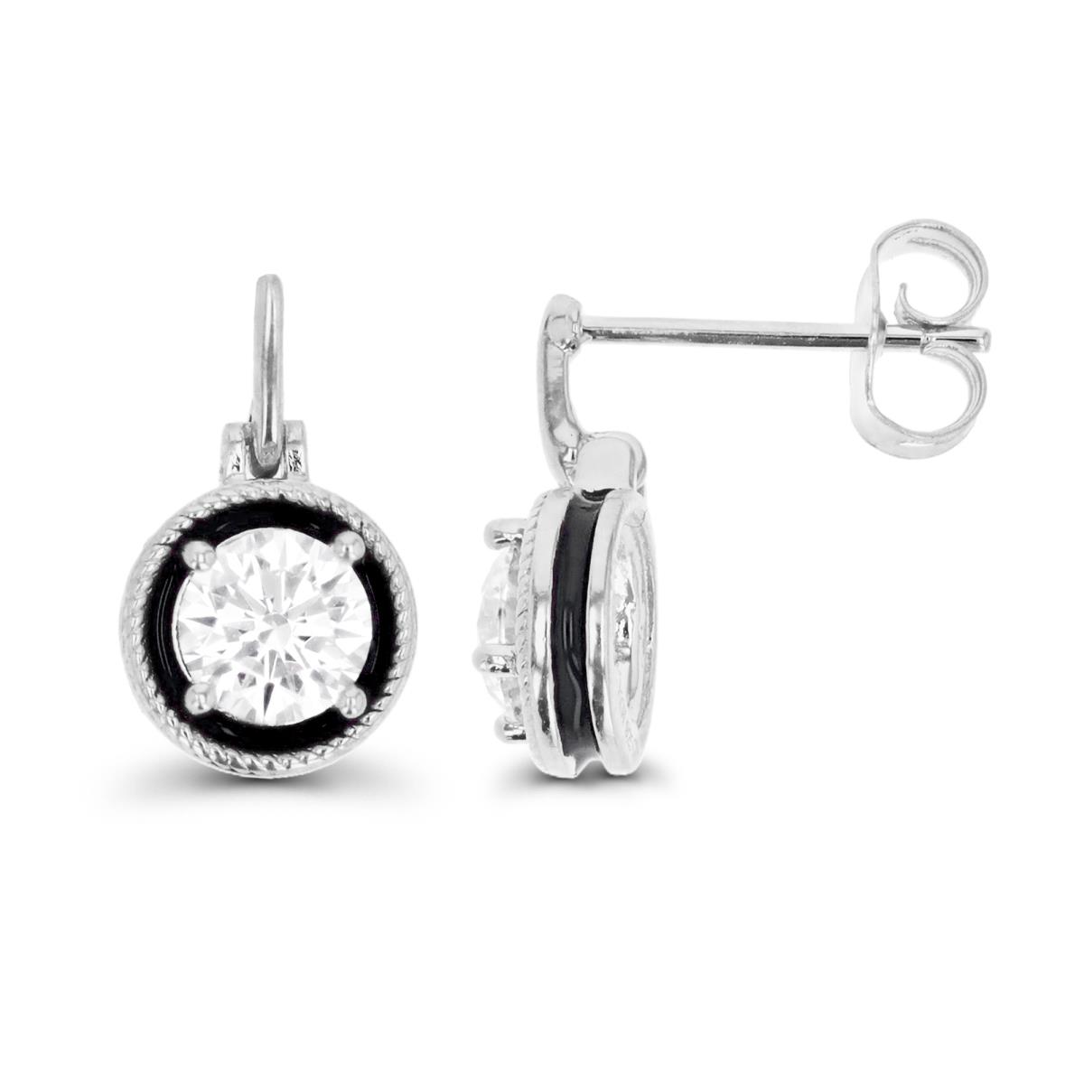 Sterling Silver Rhodium 15X8MM Polished White CZ & Black Enamel Solitaire Stud Earring
