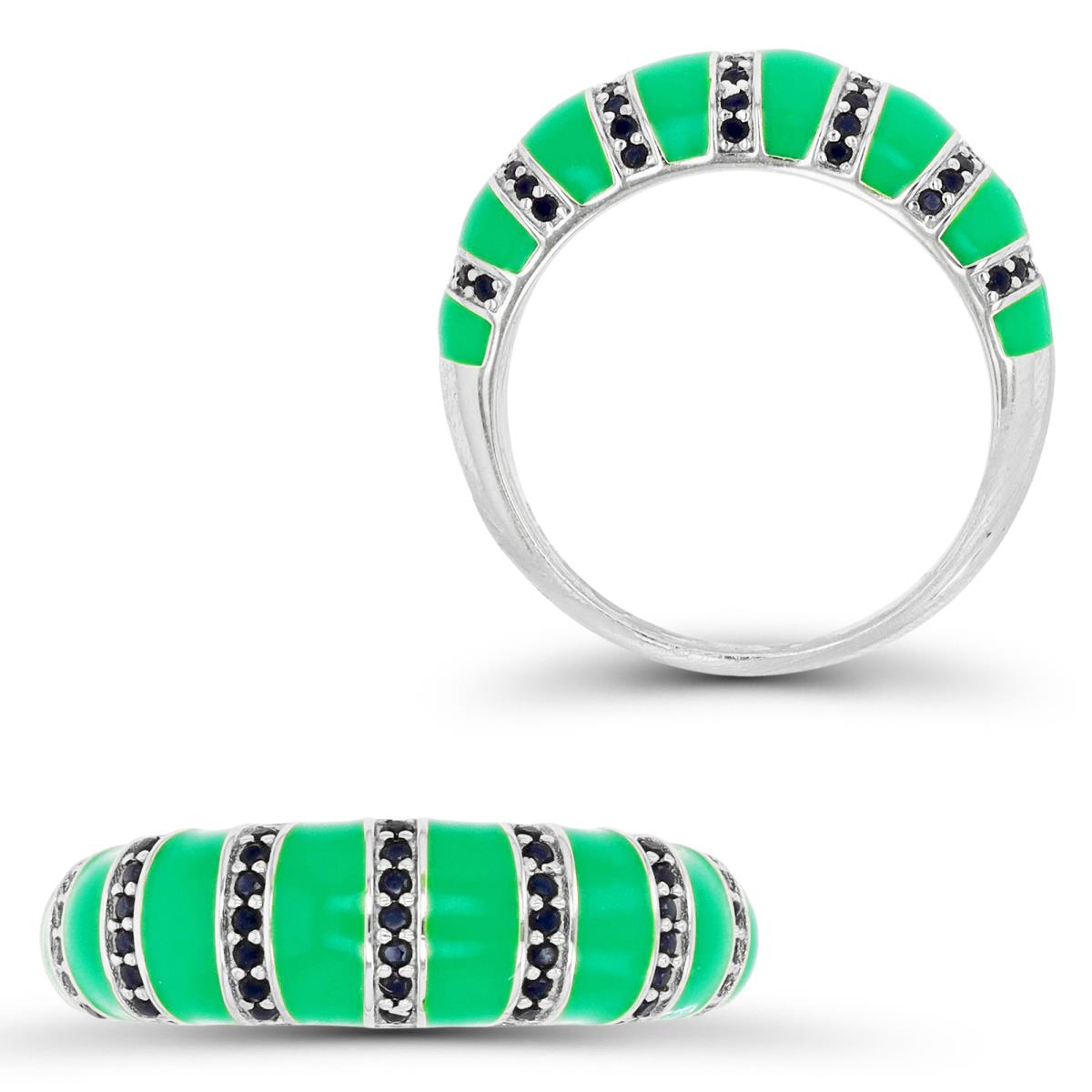 Sterling Silver Rhodium & Black Spinel and Green Enamel Striped 6.5MM Band Ring