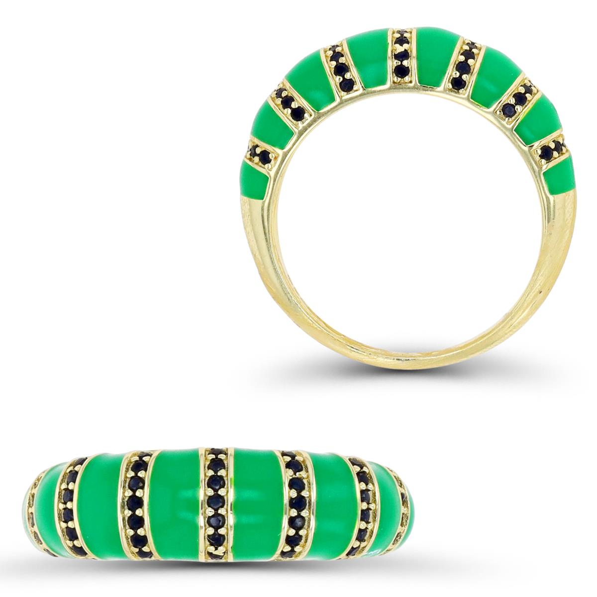Sterling Silver Yellow 1M & Black Spinel and Green Enamel Striped 6.5MM Band Ring