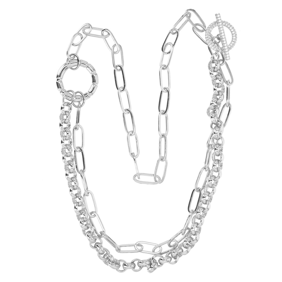 Sterling Silver Rhodium 12X5MM Polished White CZ Half Paperclip Half Rollo 18'' Toggle Necklace
