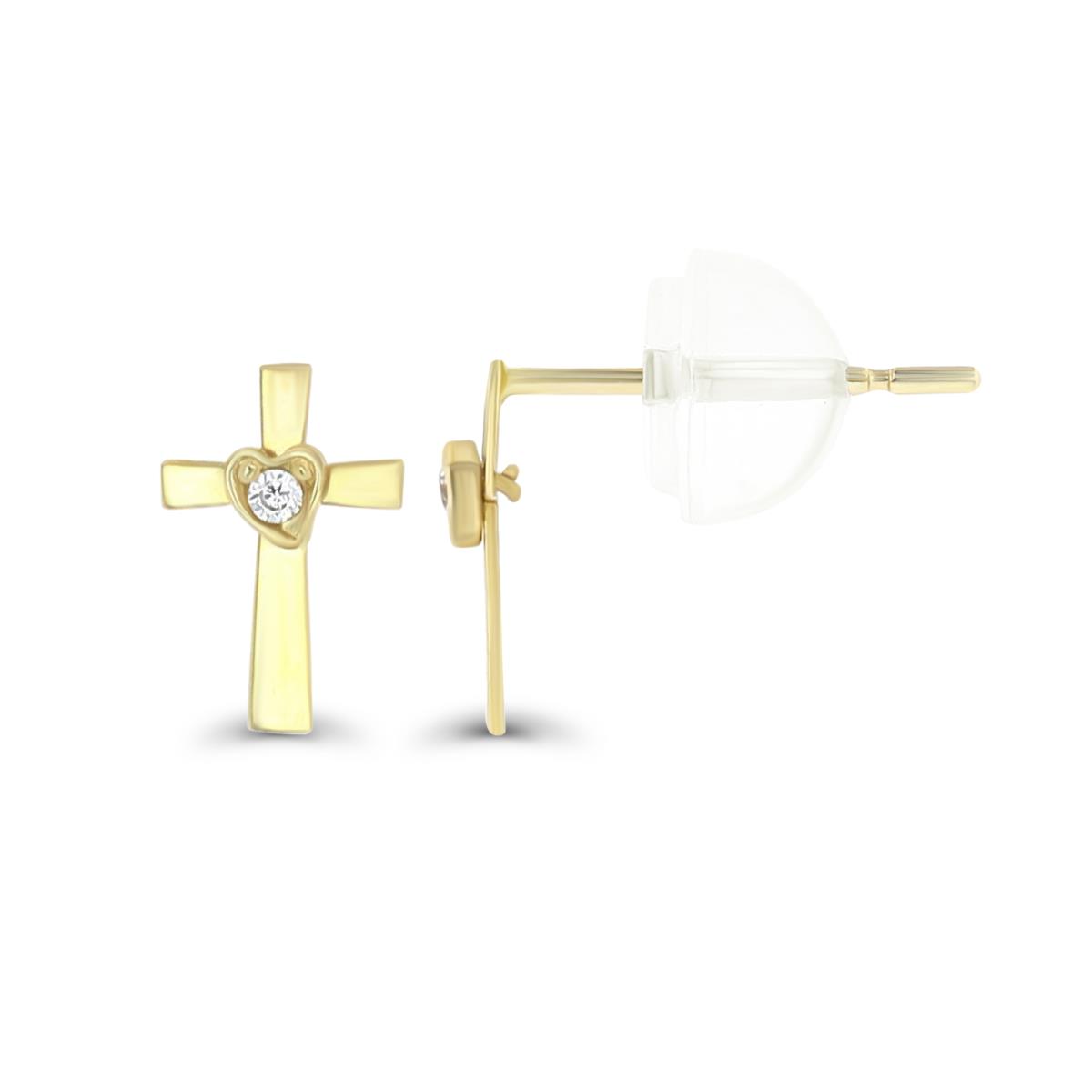 14K Yellow Gold Polished Cross with Heart Center Stud Earring