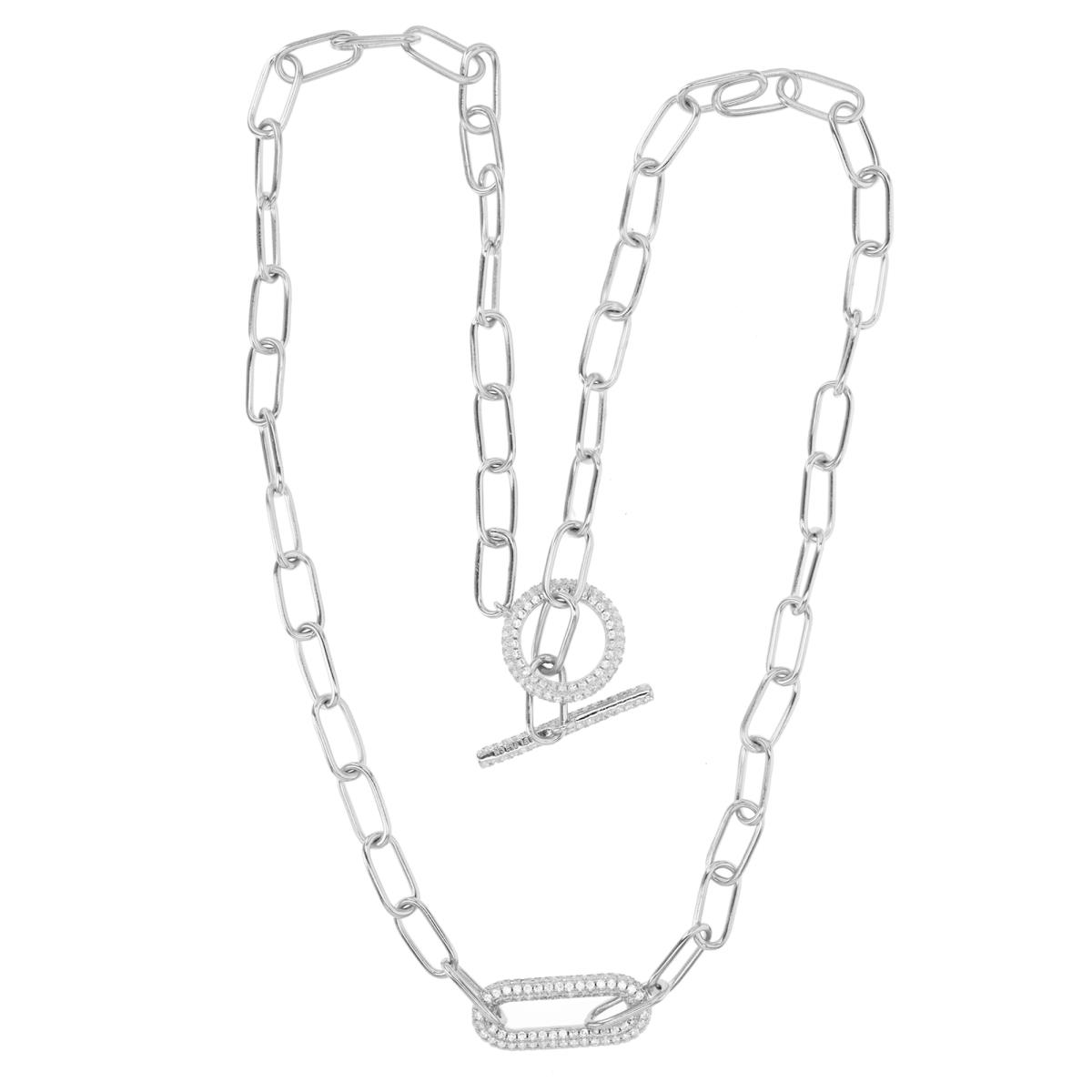 Sterling Silver Rhodium 20X8MM Polished White CZ Paperclip Pave 18'' Toggle Necklace
