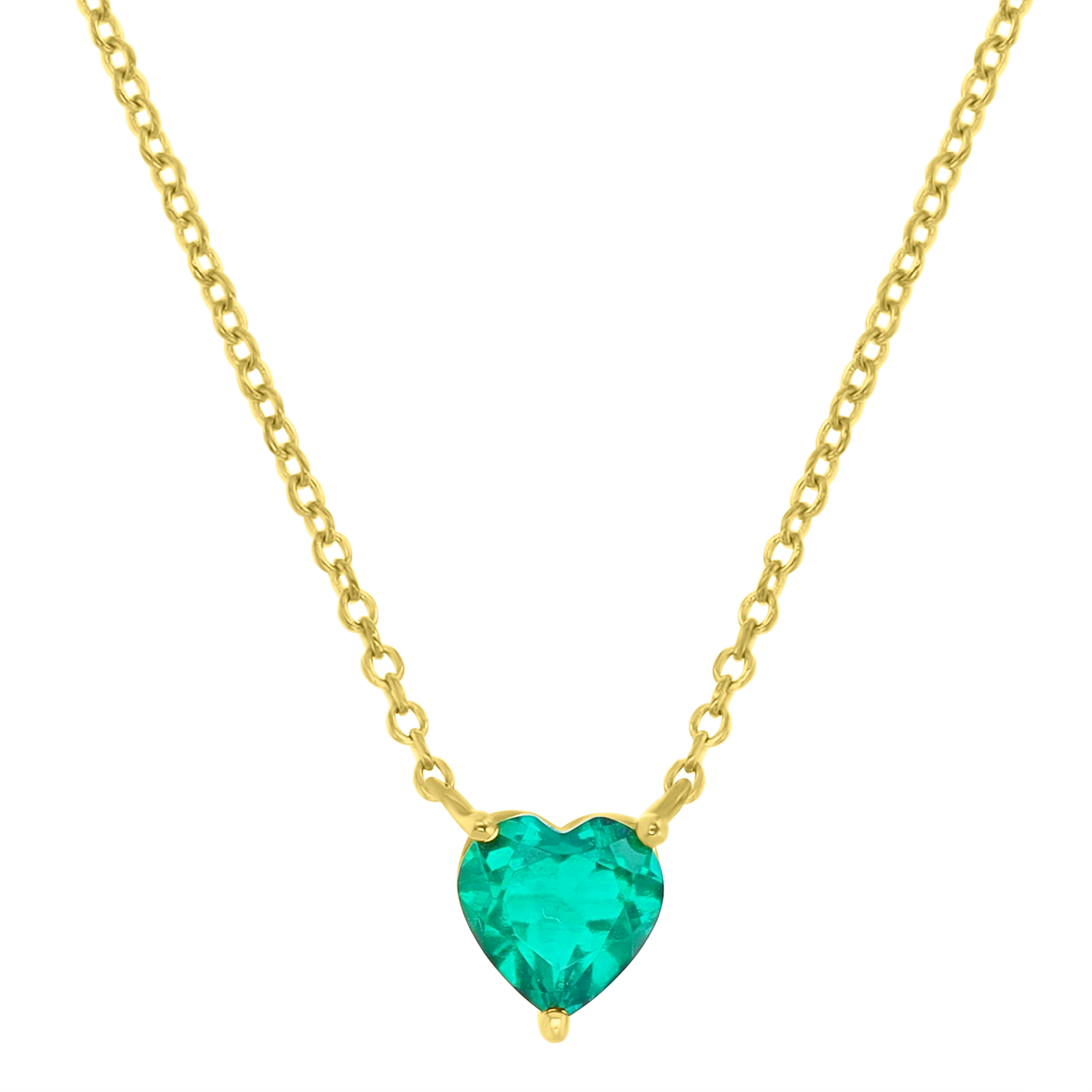 Sterling Silver Yellow & 7MM Heart Shape Ct. Created Emerald Solitaire 16+2 Necklace