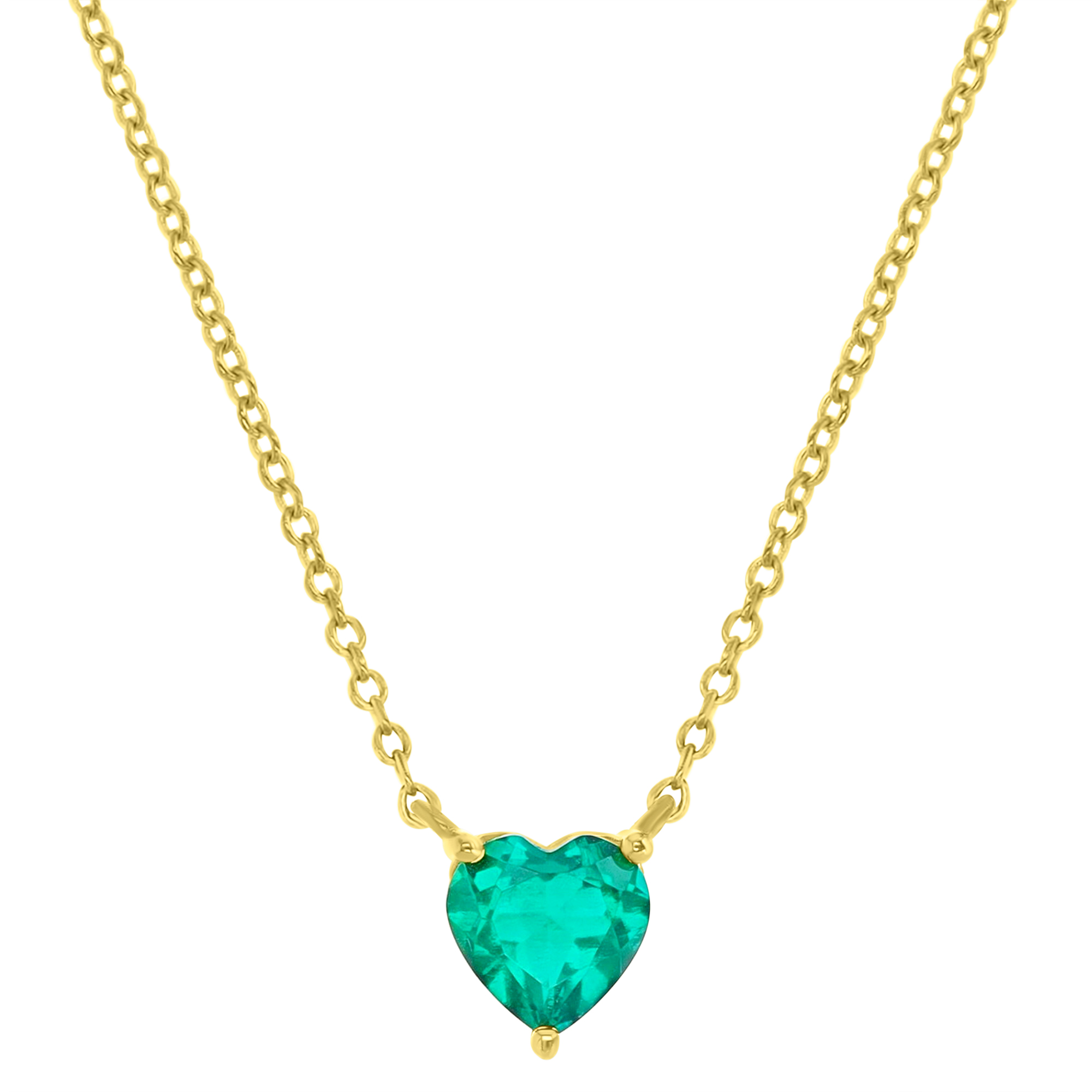 Sterling Silver Yellow & 6MM Heart Shape Ct. Created Emerald Solitaire 16+2 Necklace