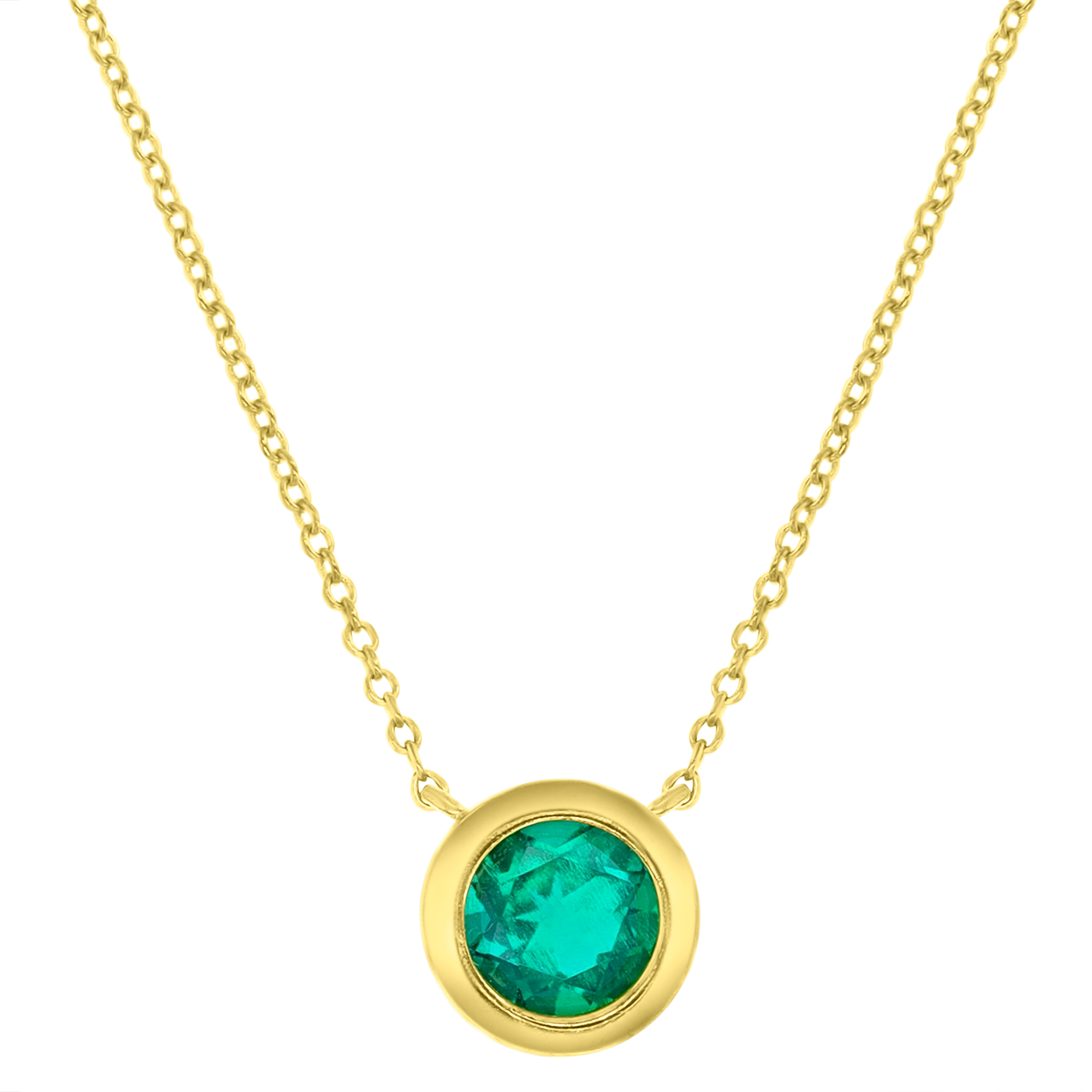 Sterling Silver Yellow & 6MM RD Ct. Created Emerald Bezel Set Solitaire 16+2 Necklace