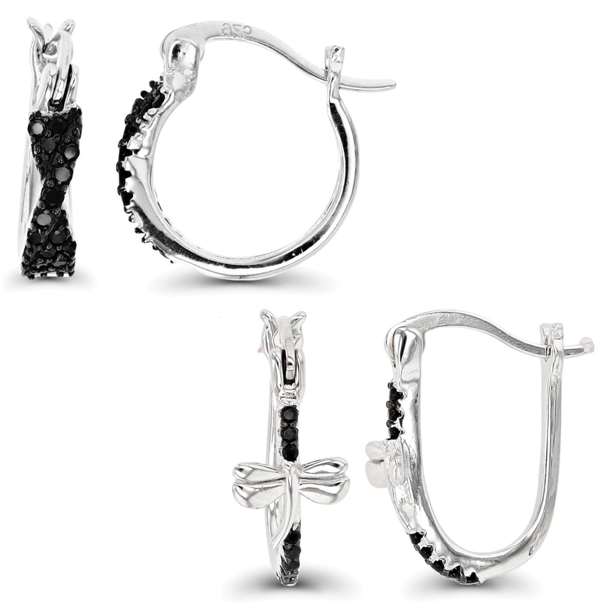 Sterling Silver Black & White 14;16X7MM Black Spinel Dragon Fly & Wave Huggie Earring Set