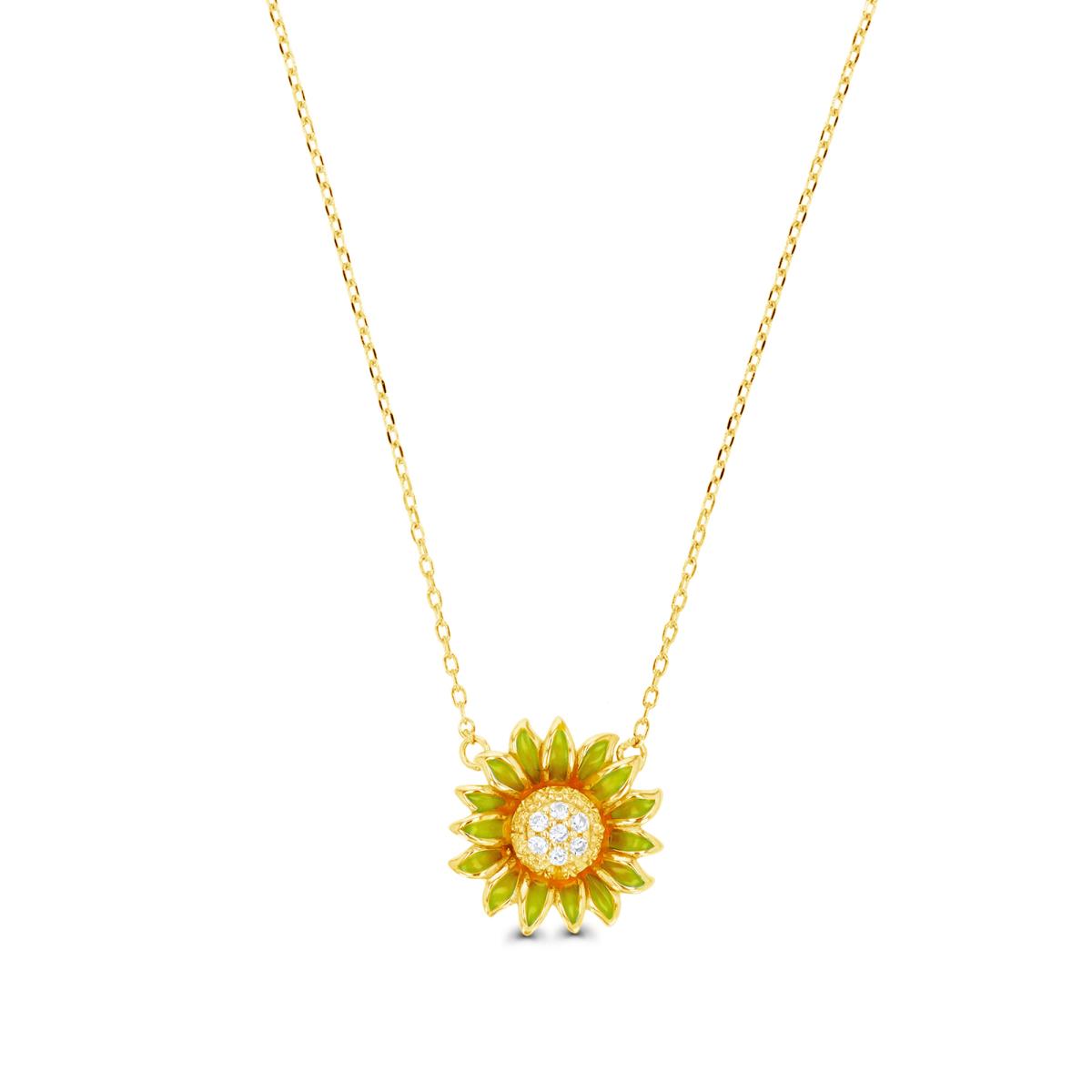 Sterling Silver Yellow & White CZ and Enamel Flower 13''+2