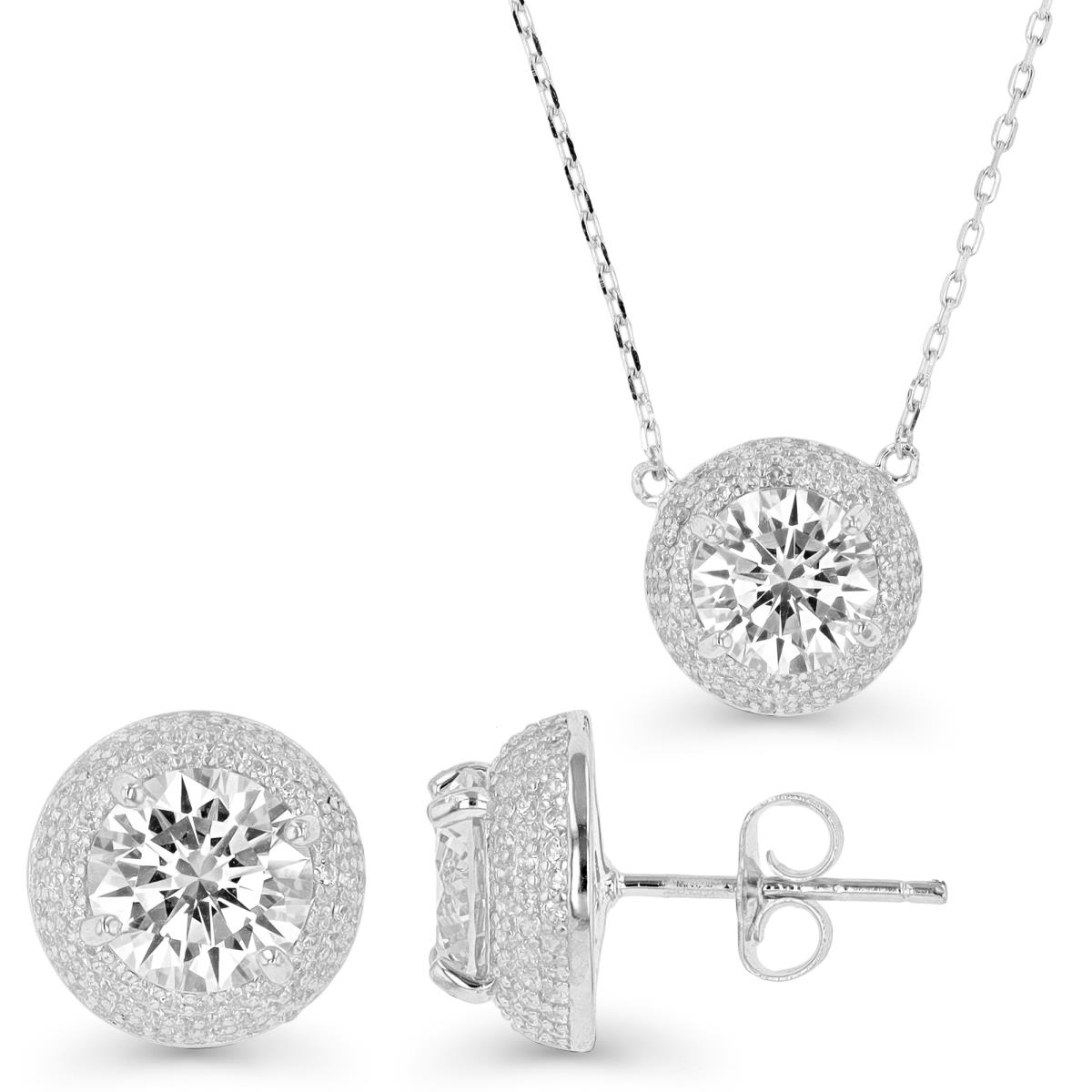 Sterling Silver Rhodium & White CZ Halo Necklace & Earring Set