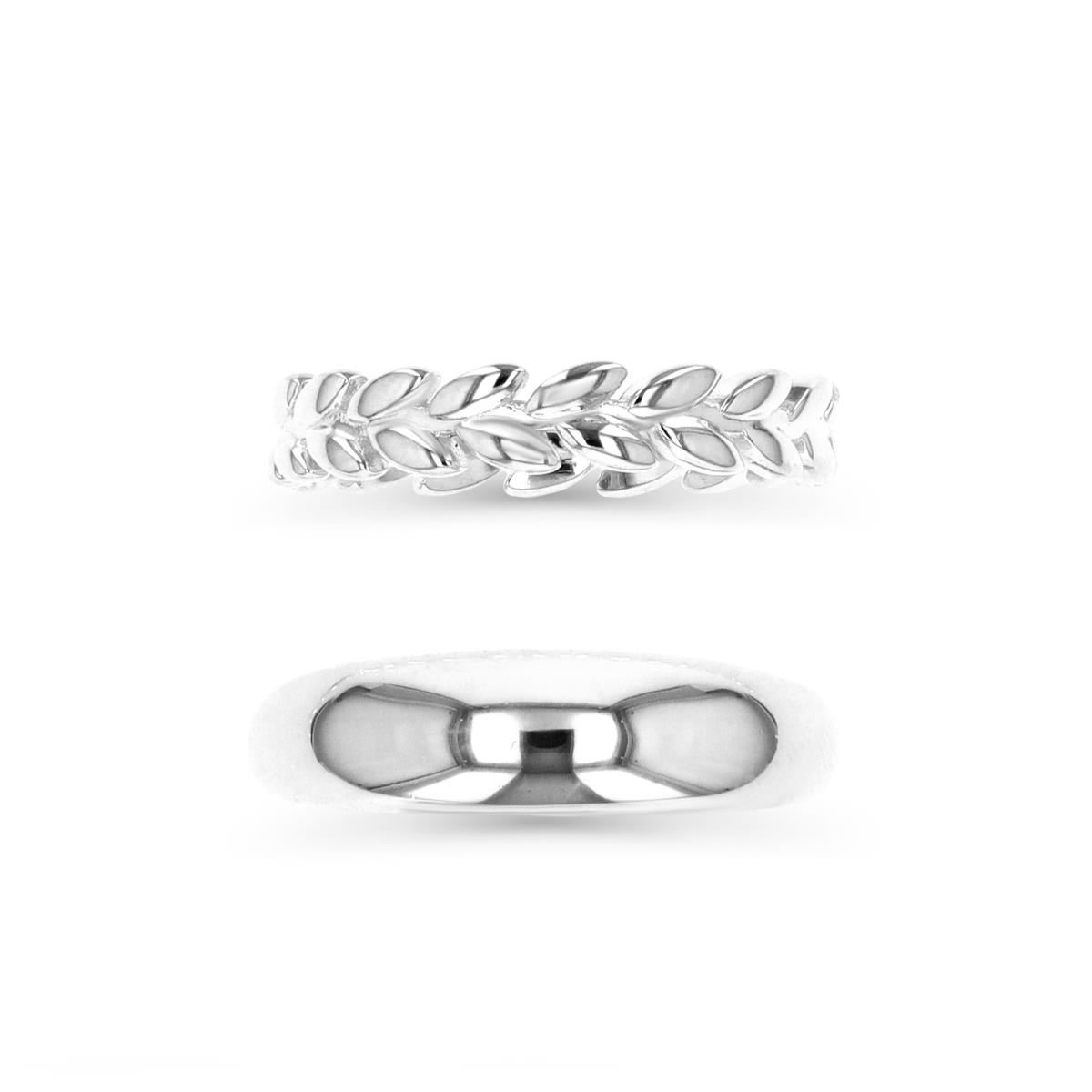 Sterling Silver Rhodium 6MM;4MM Polished & Leaves Band Rings Set