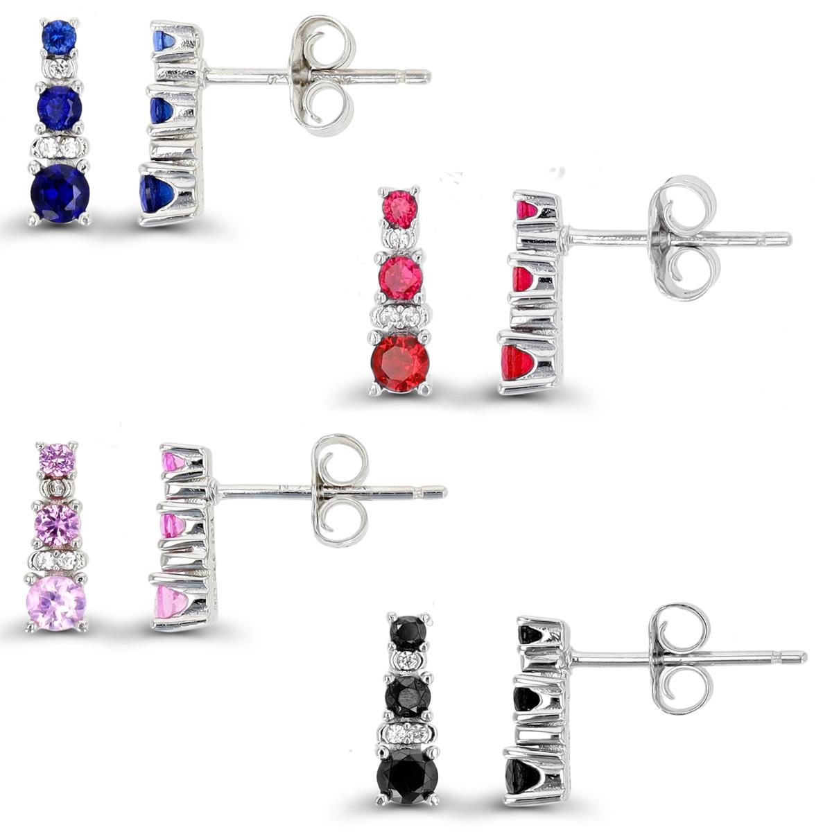 Sterling Silver Rhodium 10X3; #113Blue #2Pink # Ruby Created Spinel & Cr White Sapphire Drop Stud Earring Set