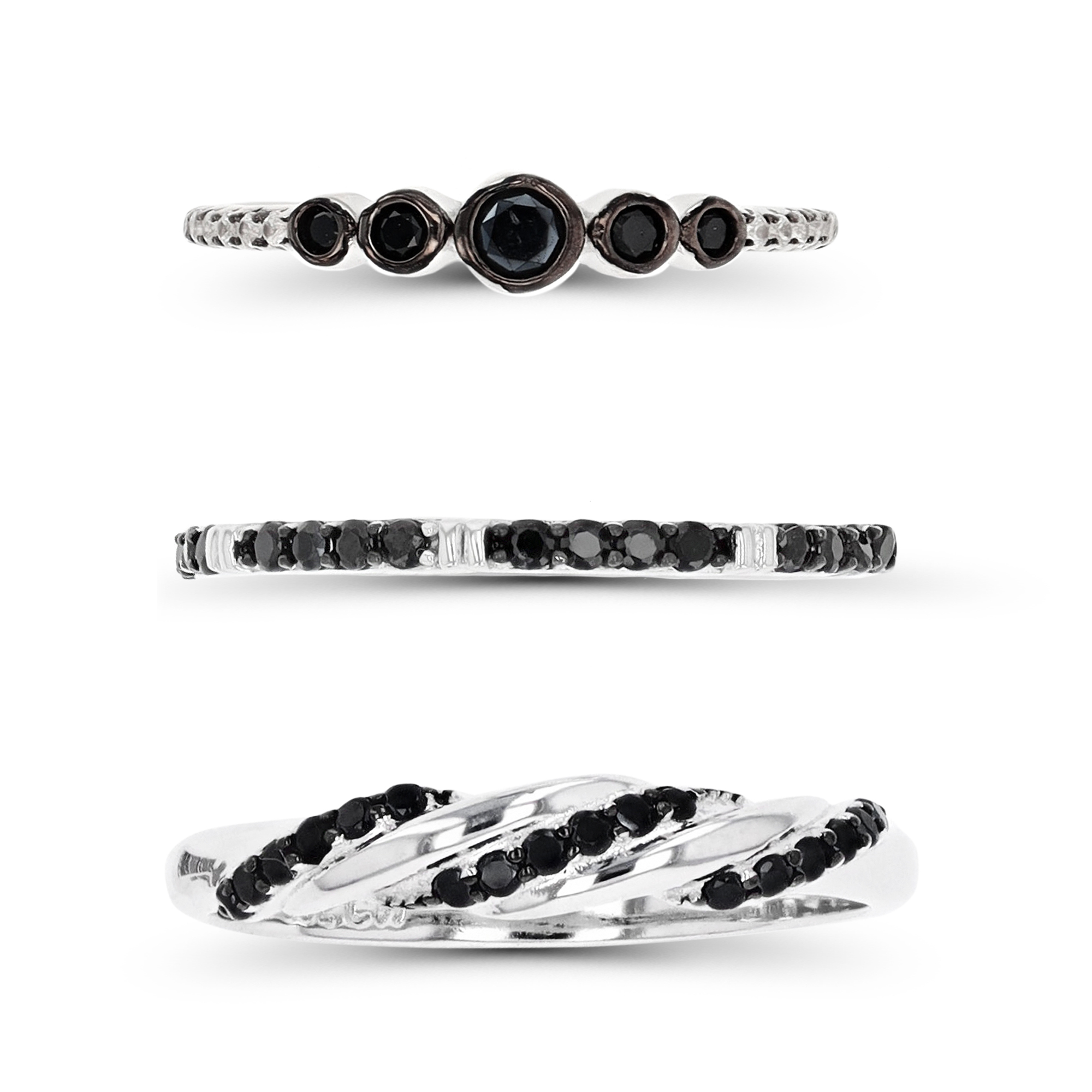 Sterling Silver Black & White 1.5MM;2.2;3.5 Bezel Black Spinel/ Waved & White Zircon Rings Set