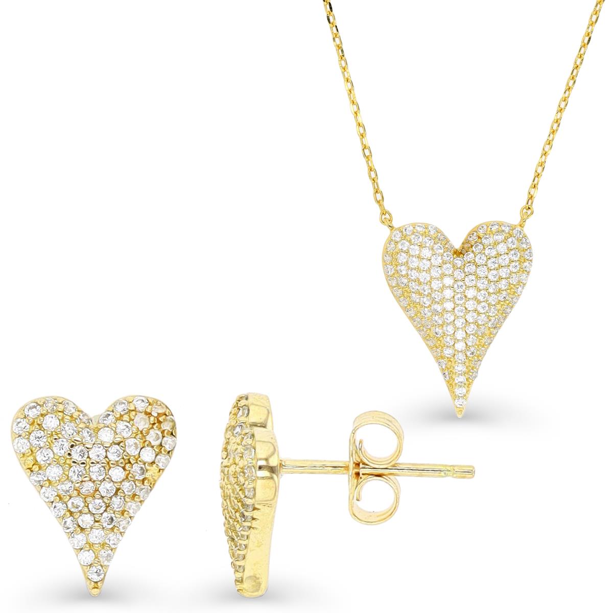 Sterling Silver Yellow & White CZ Pave Heart Stud Earring & Necklace Set