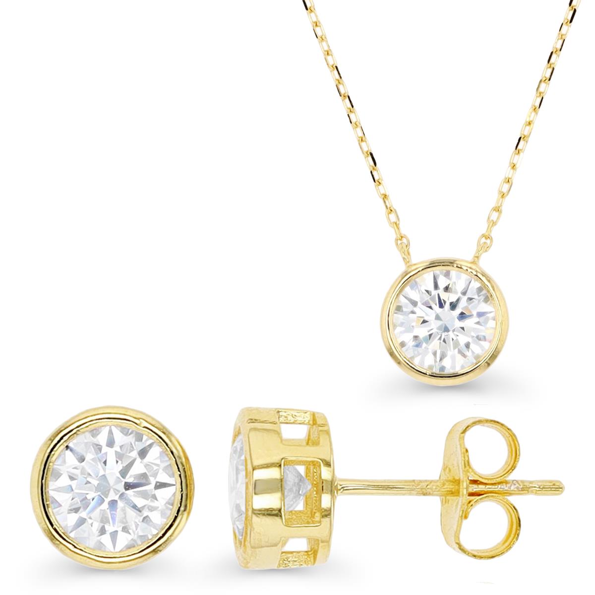 Sterling Silver Yellow & 6MM and 8MM White CZ Bezel Set Stud Earring and Necklace Set