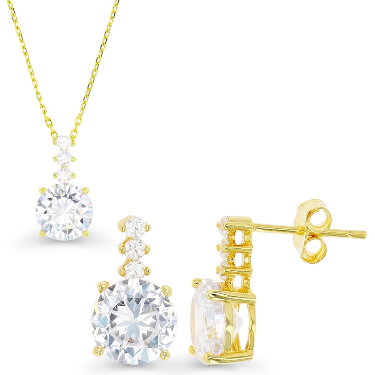 Sterling Silver Yellow & 9mm Rd White CZ Drop  Necklace & Earring Set