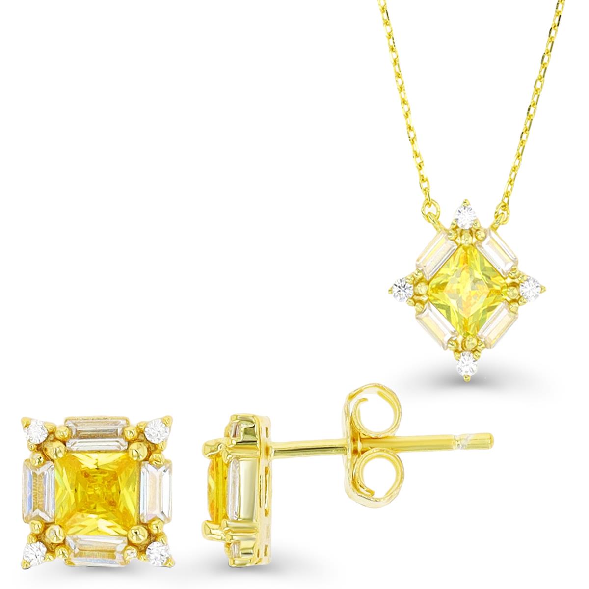 Sterling Silver Yellow & Yellow and White Sq, SB and Rd Ct. Square Stud Earring and Necklace Set 