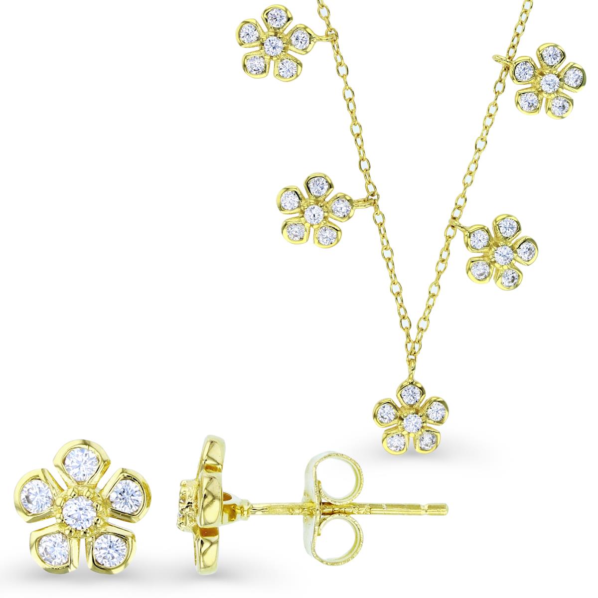 Sterling Silver Yellow Rd CZ Flowers 18" Necklace & Stud Earring Set