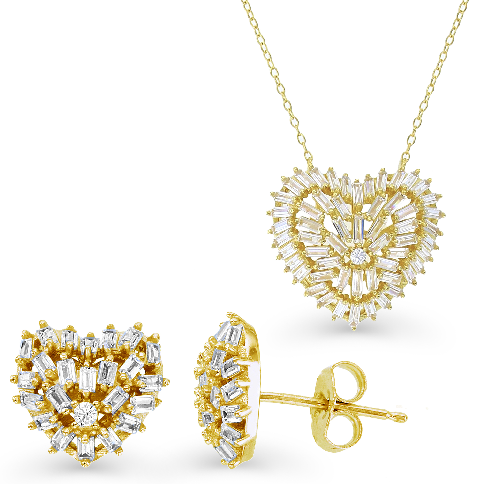 Sterling Silver Yellow SB & Rnd White CZ Puffy Scattered Heart 18" Necklace & Earring Set