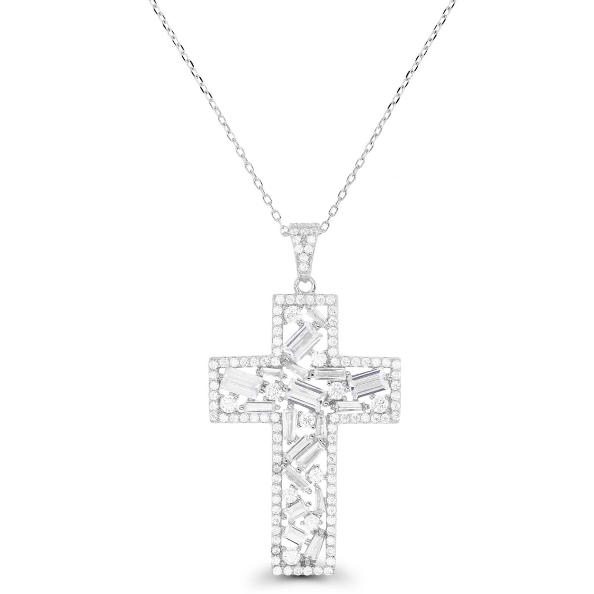 Brass Rhodium & White Multi-Cut CZ Large Cross 18+2" Necklace