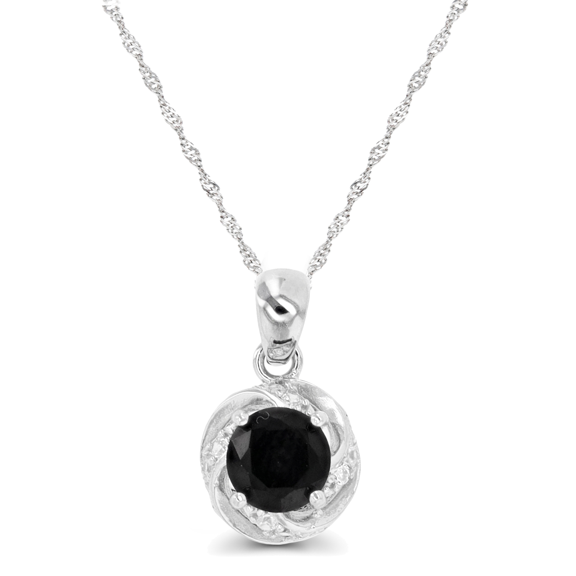 Sterling Silver Rhodium Black Spinel & White Zircon Twisted Detail 18''+2'' Singapore Necklace