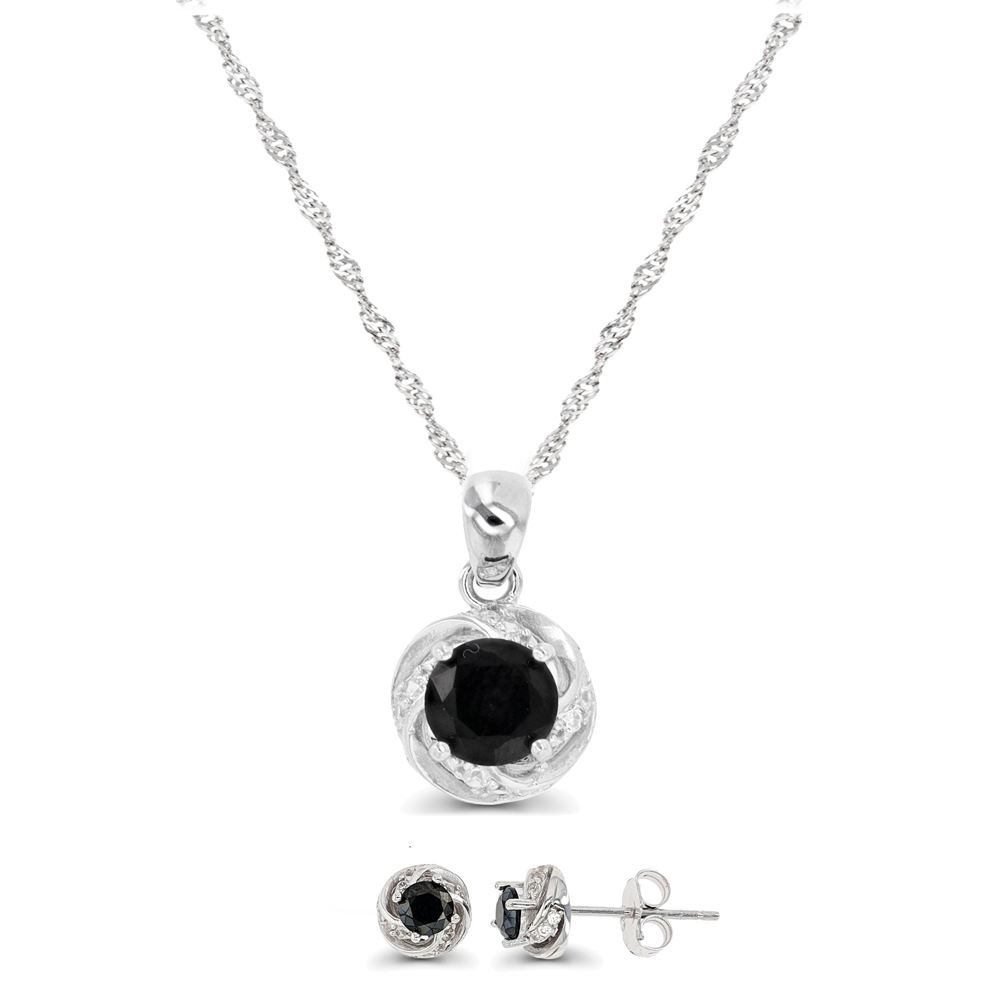 Sterling Silver Rhodium 7;9X16MM Black Spinel & White Zircon Twisted Detail 18''+2'' Singapore Necklace & Earring Set 