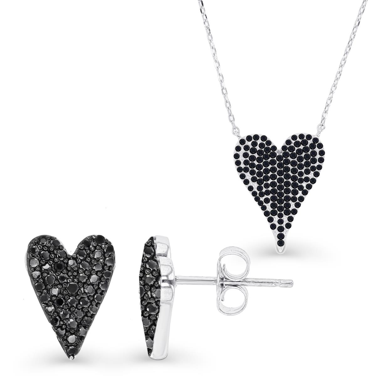Sterling Silver Black & White & Black Spinel Heart Earring and Necklace Set