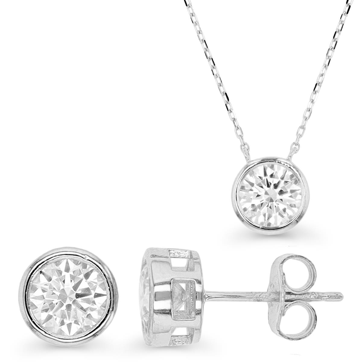 Sterling Silver Rhodium & 6MM and 8MM White CZ Bezel Set Stud Earring and Necklace Set