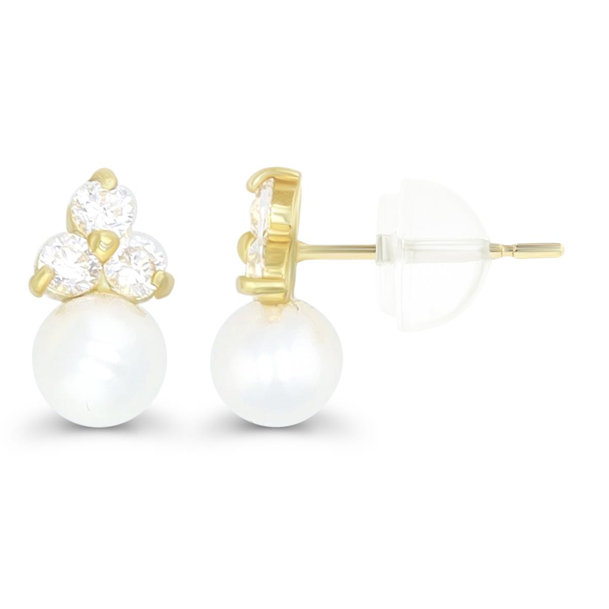 14K Yellow Gold 4.00mm Freshwater Pearl and CZ Cluster Stud Earring