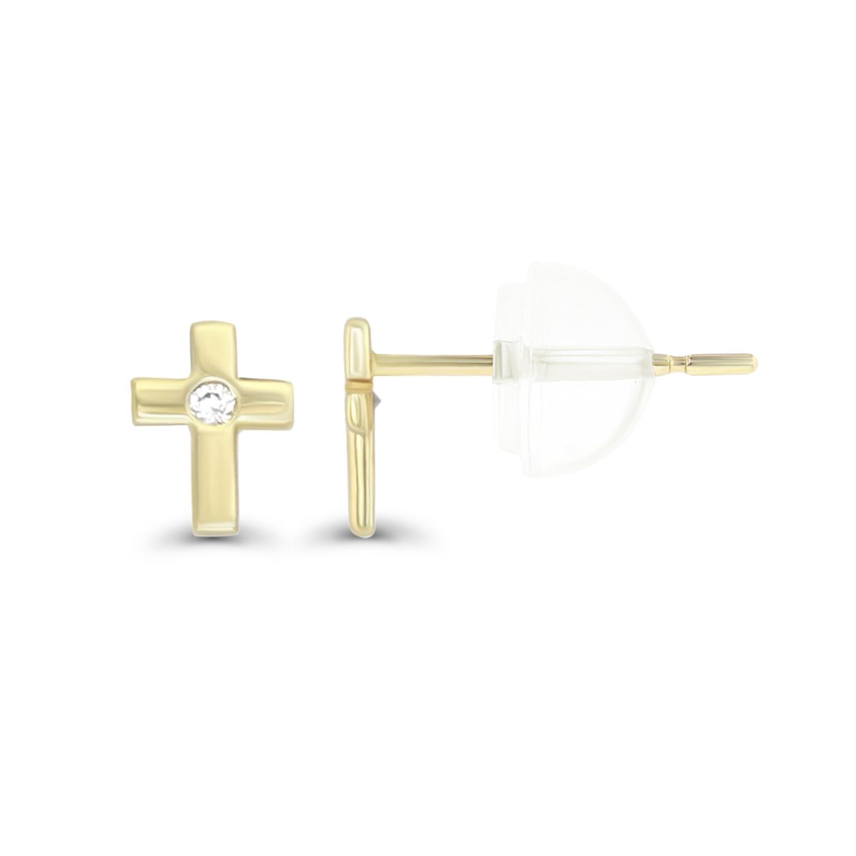 14K Yellow Gold Polished Pave Mini Cross Stud Earring