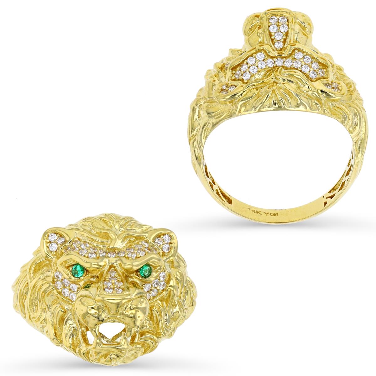 10K Gold Yellow 19.5MM White CZ & Green Lion Head Ring