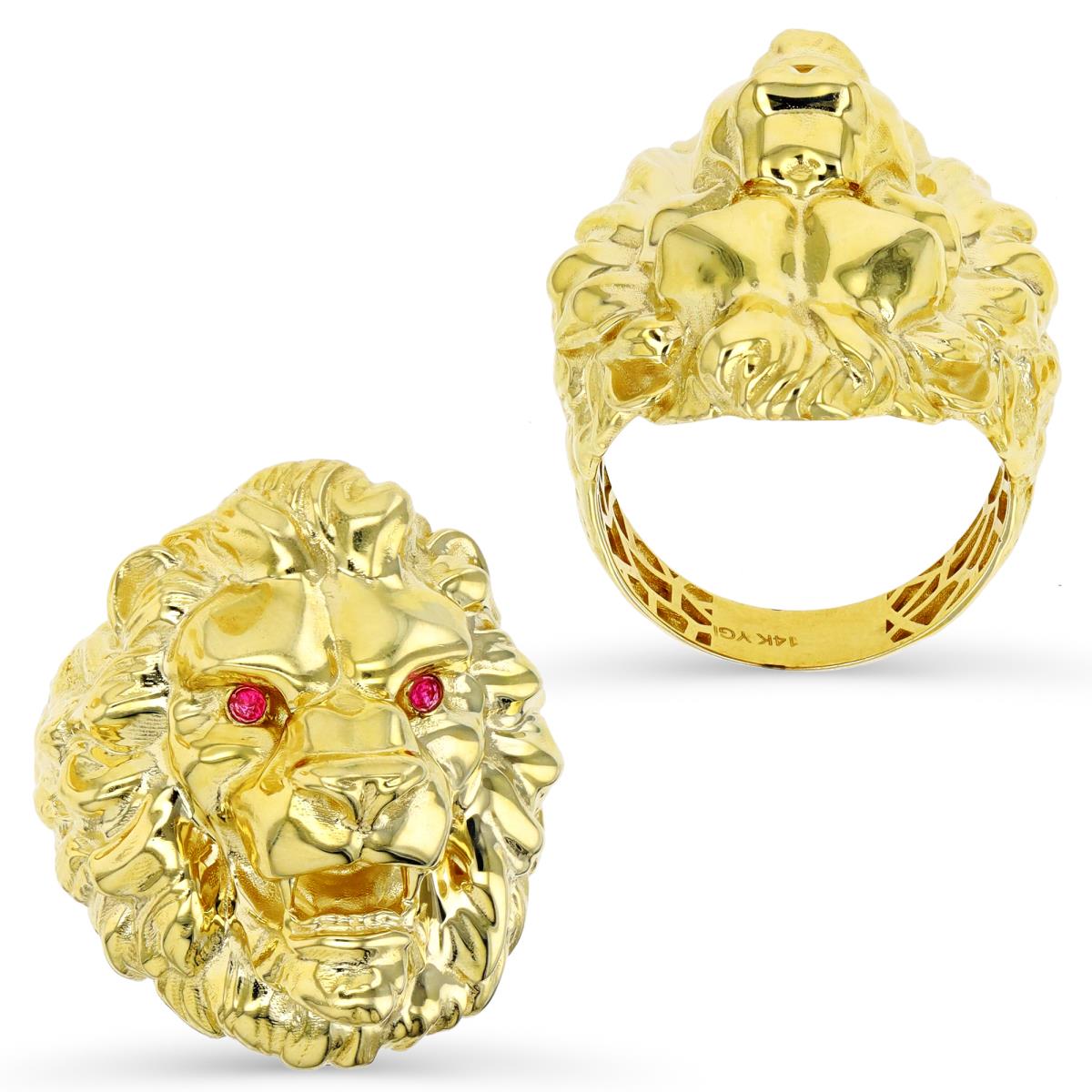 14K Gold Yellow 29MM Polished & Texture Created Ruby Lion Head Ring