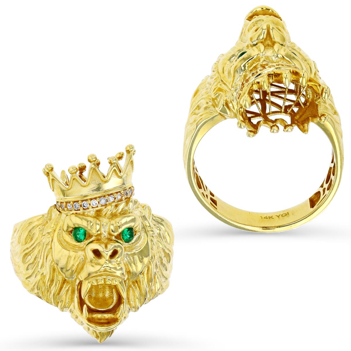 14K Gold Yellow 27MM Polished & Textured White & Green CZ King Lion Head Ring
