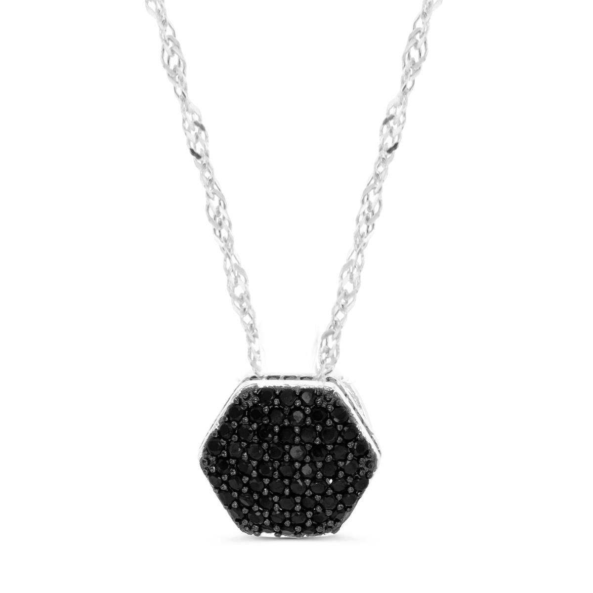 Sterling Silver Rhodium & Black Rnd Black Spinel Pave Pufy Hexagon 18+2" Singapore Chain Necklace
