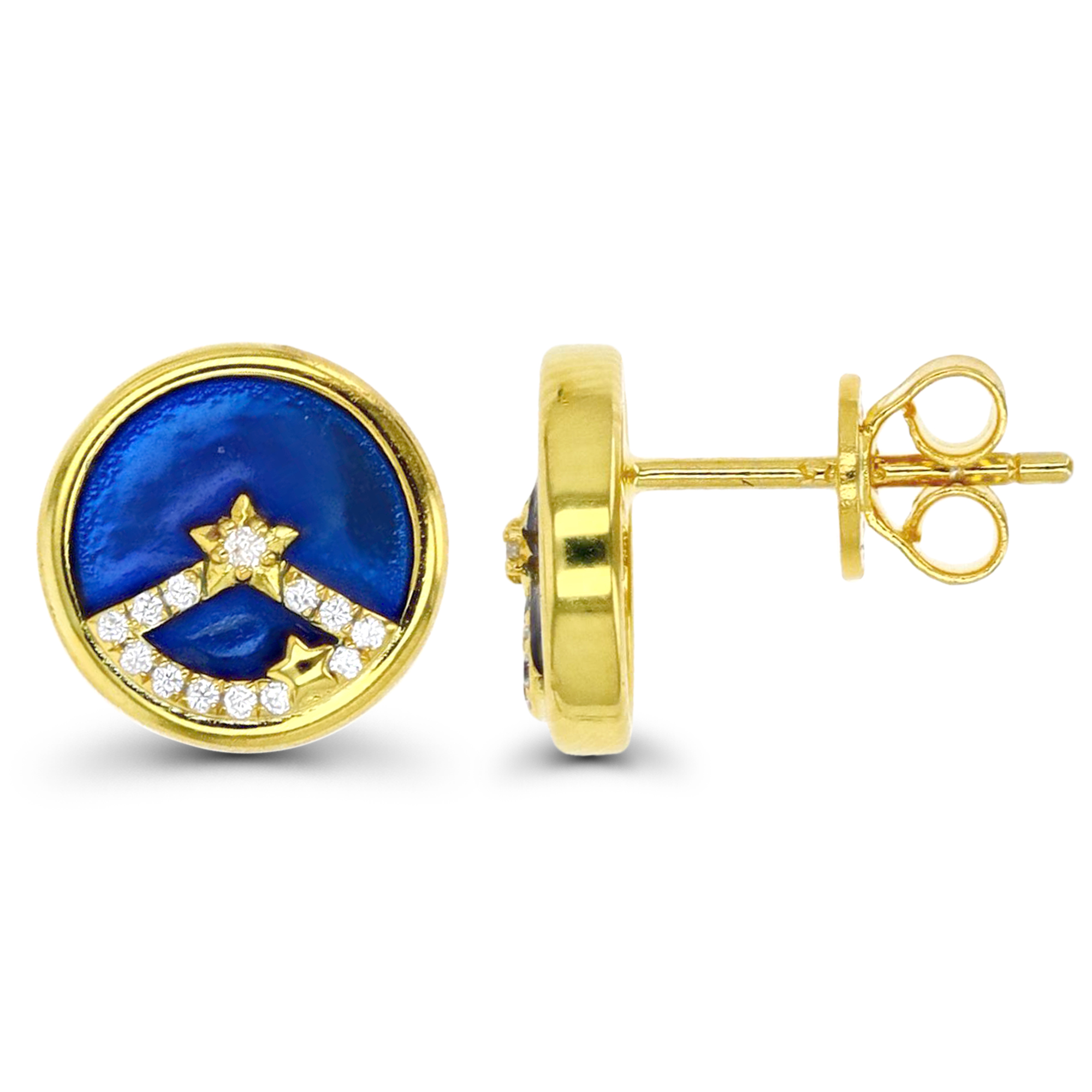 Sterling Silver Yellow Blue Enamel Star Medal Stud Earring